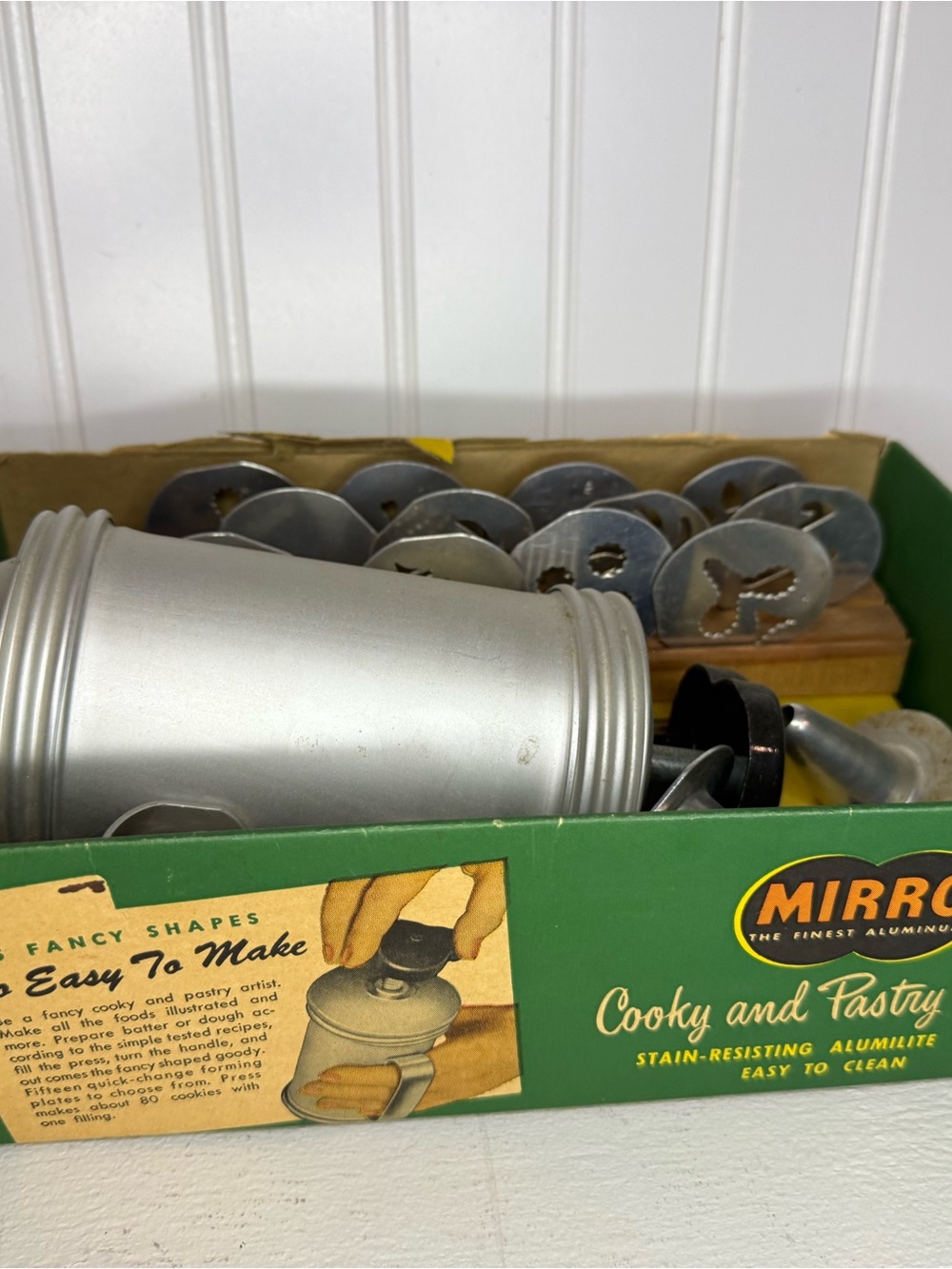 Mirro Cooky Pastry Press Vintage Aluminum Cookie Press Box Discs Tips
